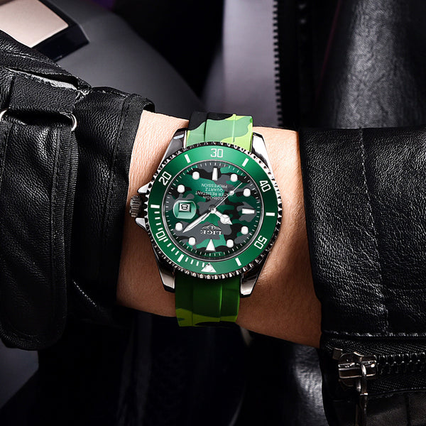 LIGE Men's Quartz Watch 30M Waterproof Watch Silicone Camo Strap
