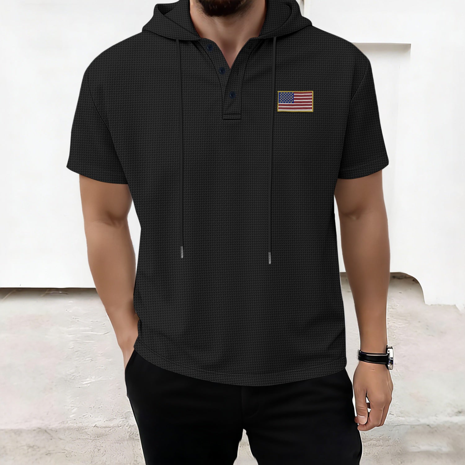 Casual Stripe Hooded Short Sleeve Polo Shirt for Men  Summer Wear