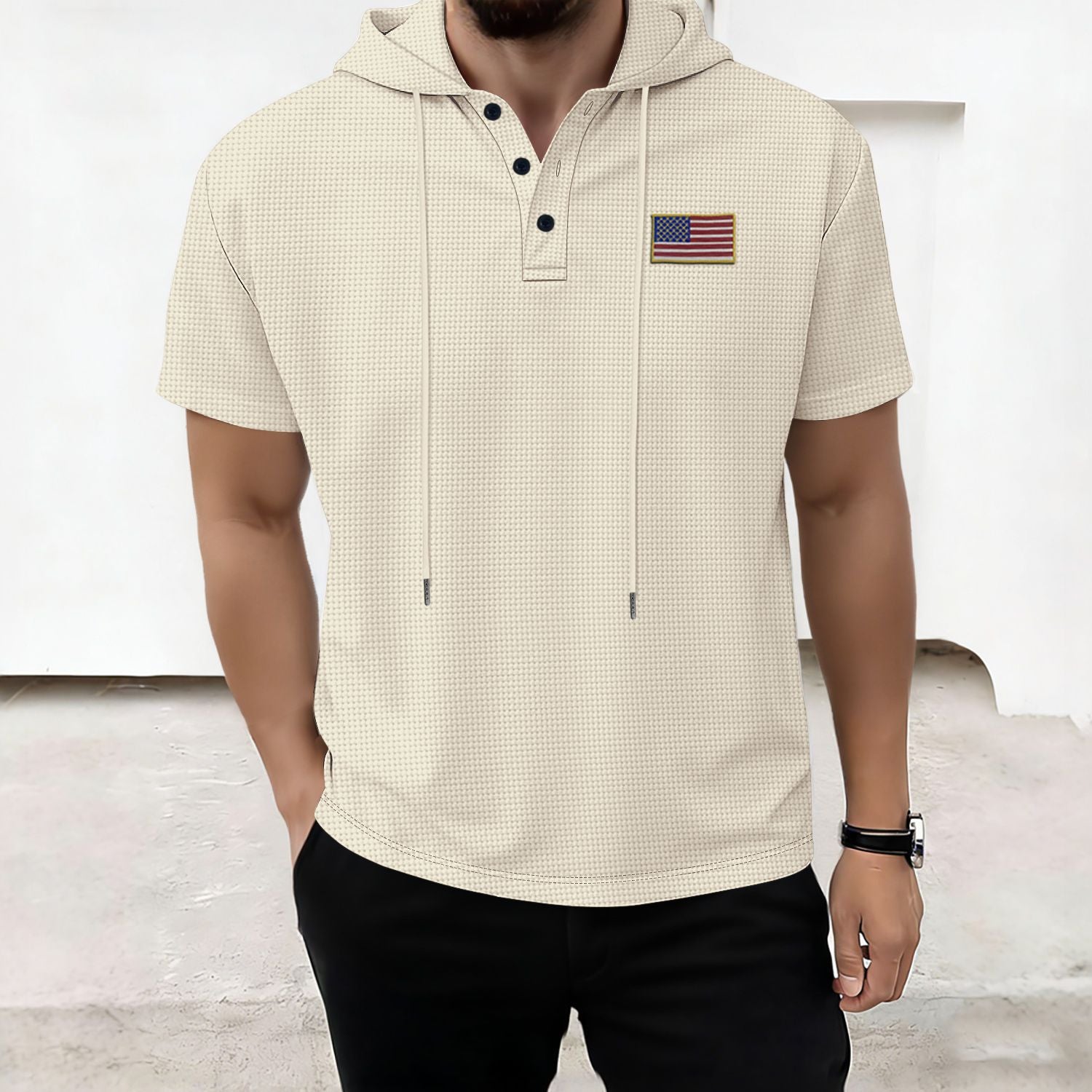 Casual Stripe Hooded Short Sleeve Polo Shirt for Men  Summer Wear