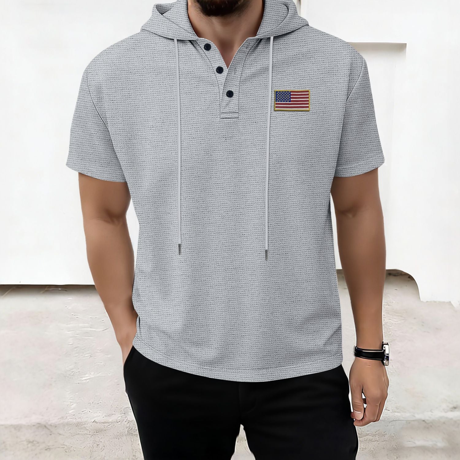 Casual Stripe Hooded Short Sleeve Polo Shirt for Men  Summer Wear